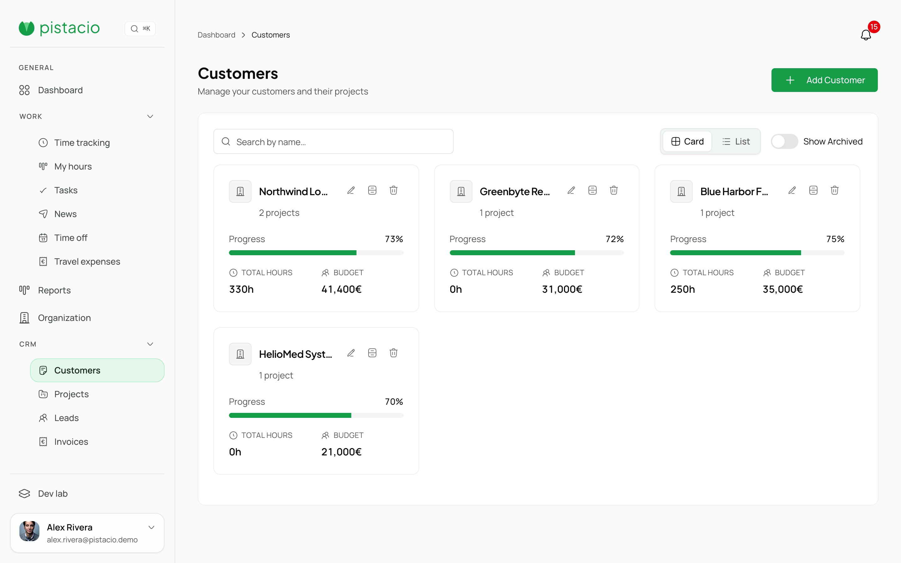 Customers view with contacts, status, and related projects.
