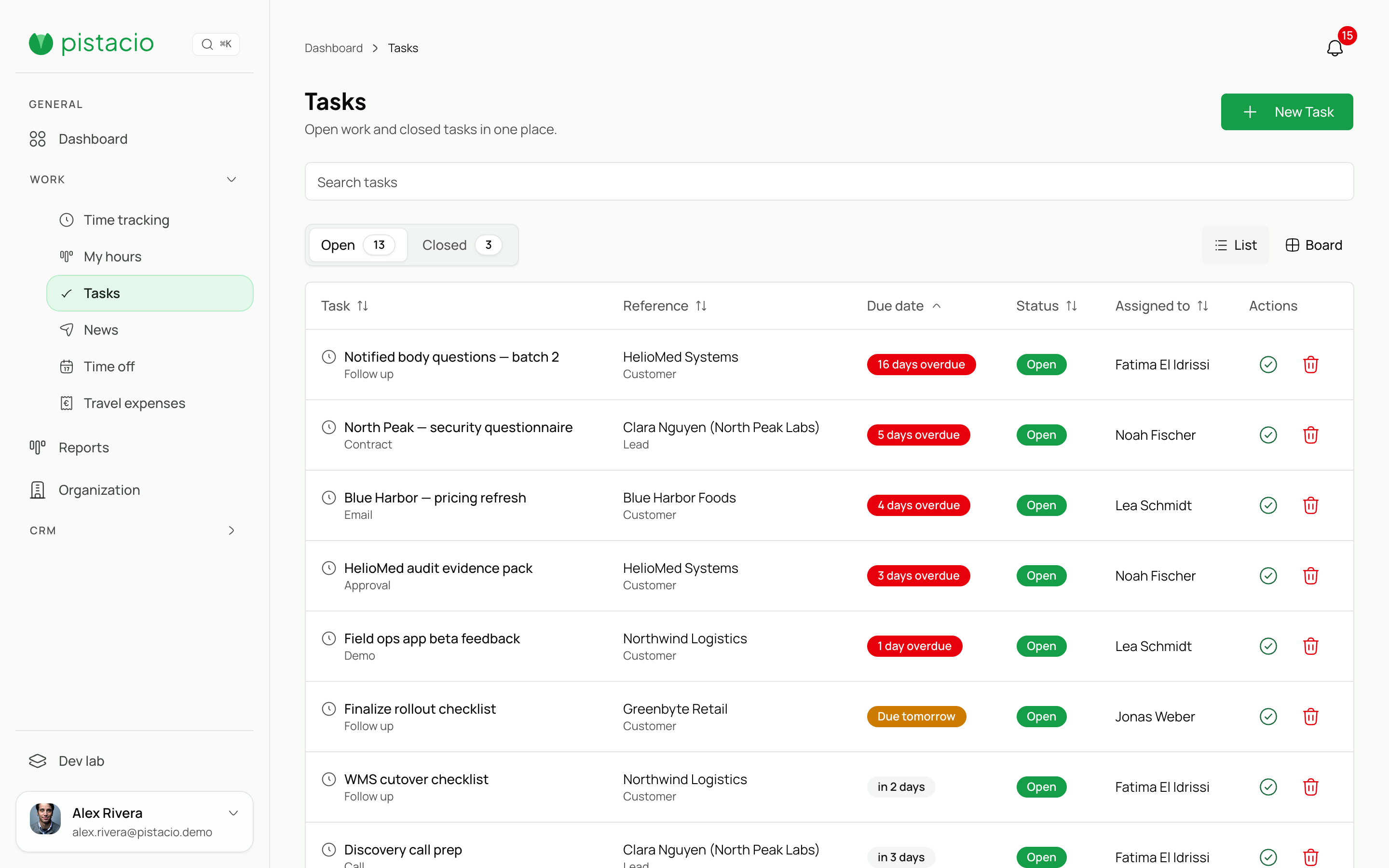 Task list with status, priorities, and ownership.