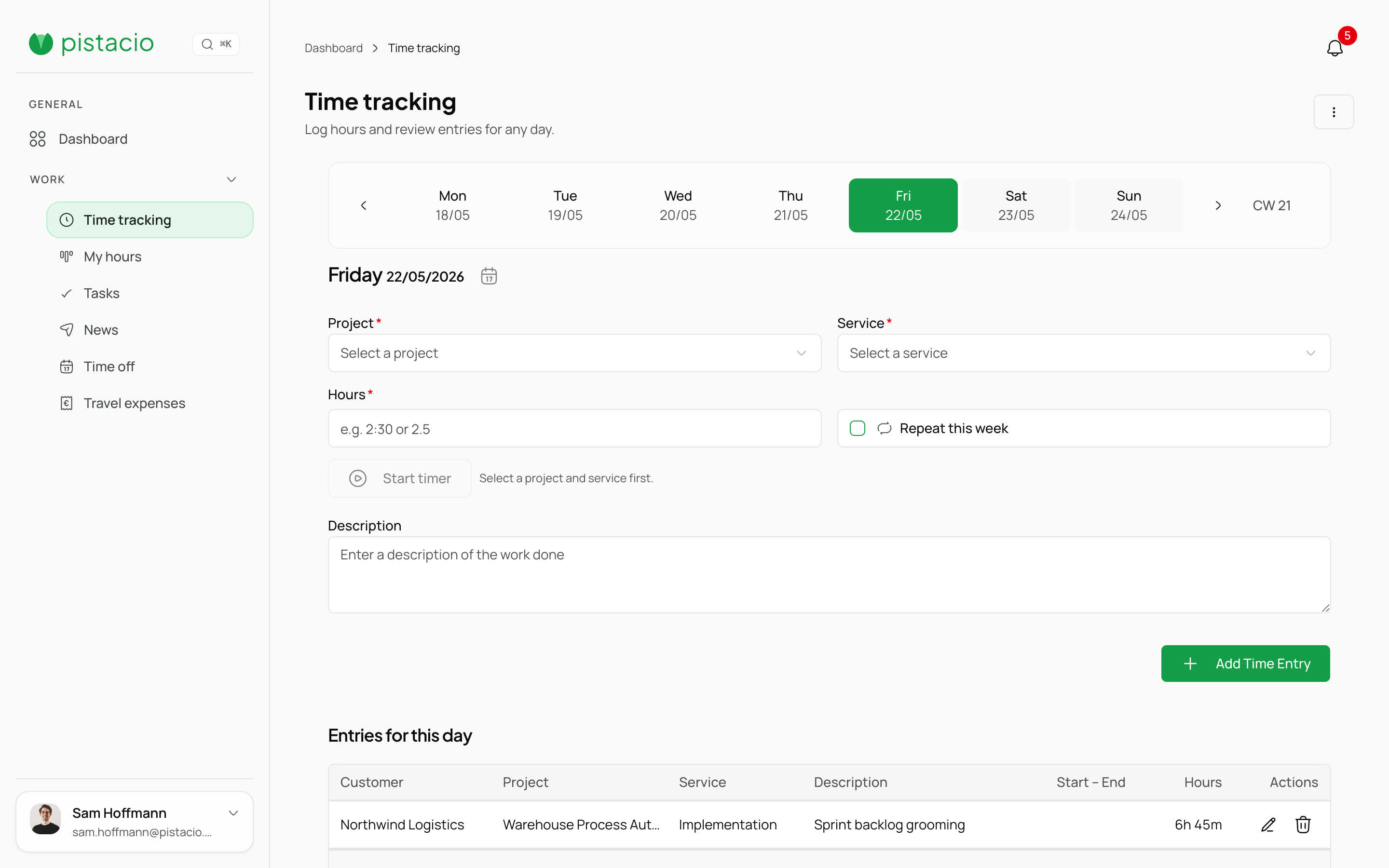 Time entry with project selection, duration, and notes.