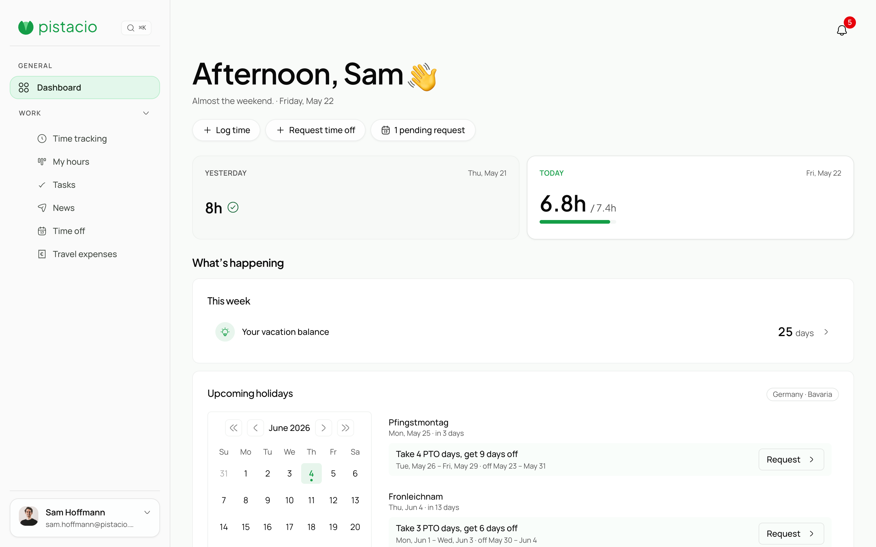 Employee view with profile, roles, and permissions.